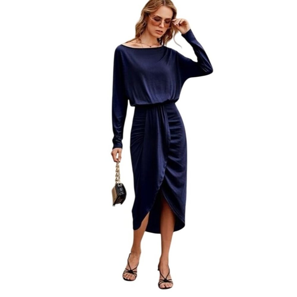 Pretty Garden Womens Navy Off-Shoulder Long Sleeve Ruched Bodycon Midi Dress S